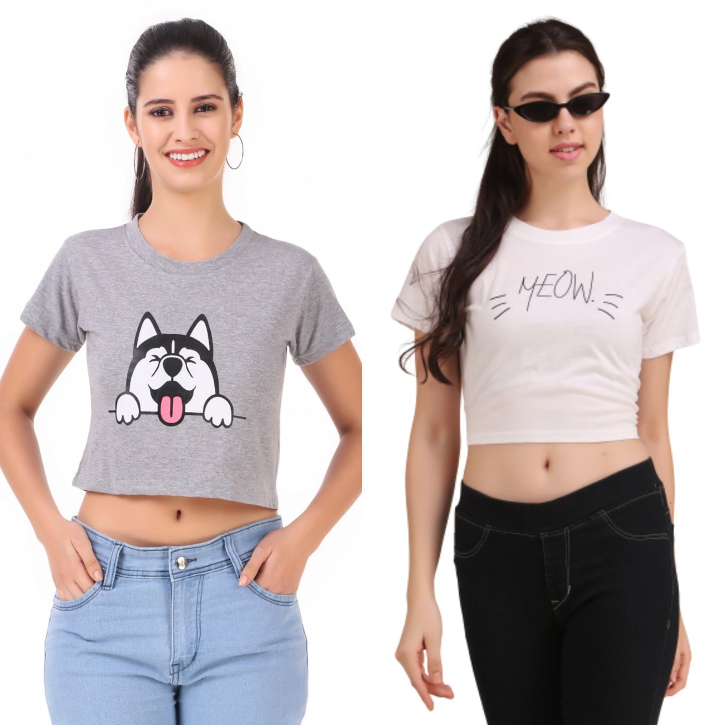 Grey Dog & White Meow Print Combo(2 Tops) Crop Tops!!