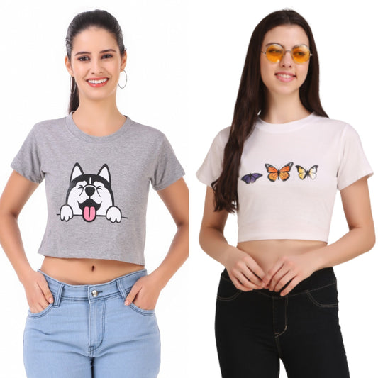 Grey Dog & White Butterfly Print Combo(2 Tops) Crop Tops!!