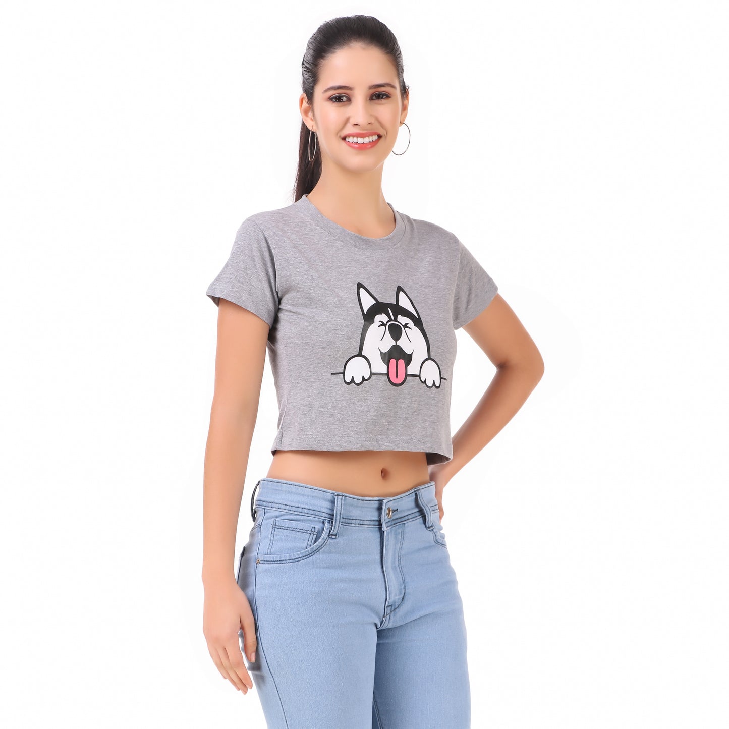 Grey Dog & White Butterfly Print Combo(2 Tops) Crop Tops!!