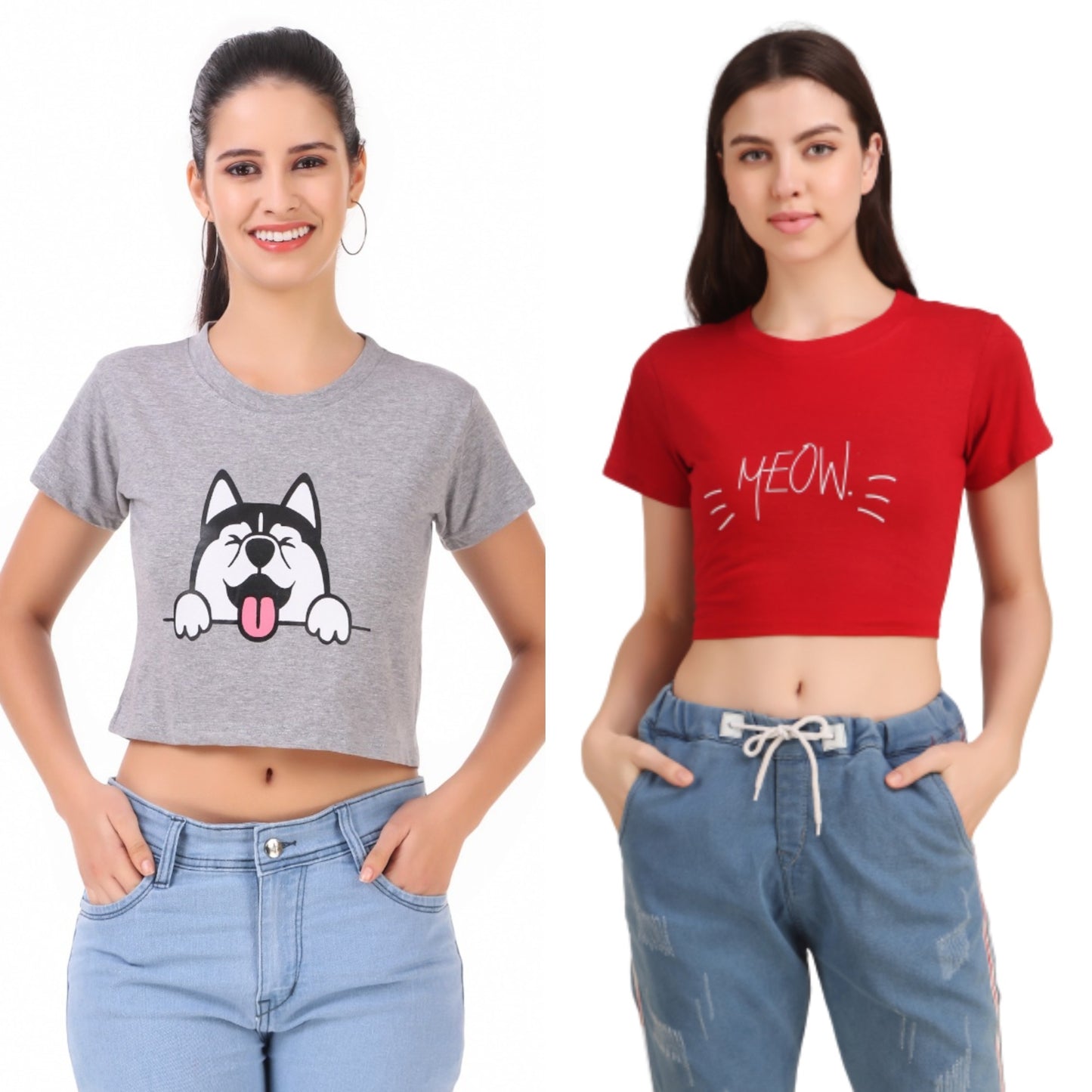 Grey Dog & Red Meow Print Combo(2 Tops) Crop Tops!!