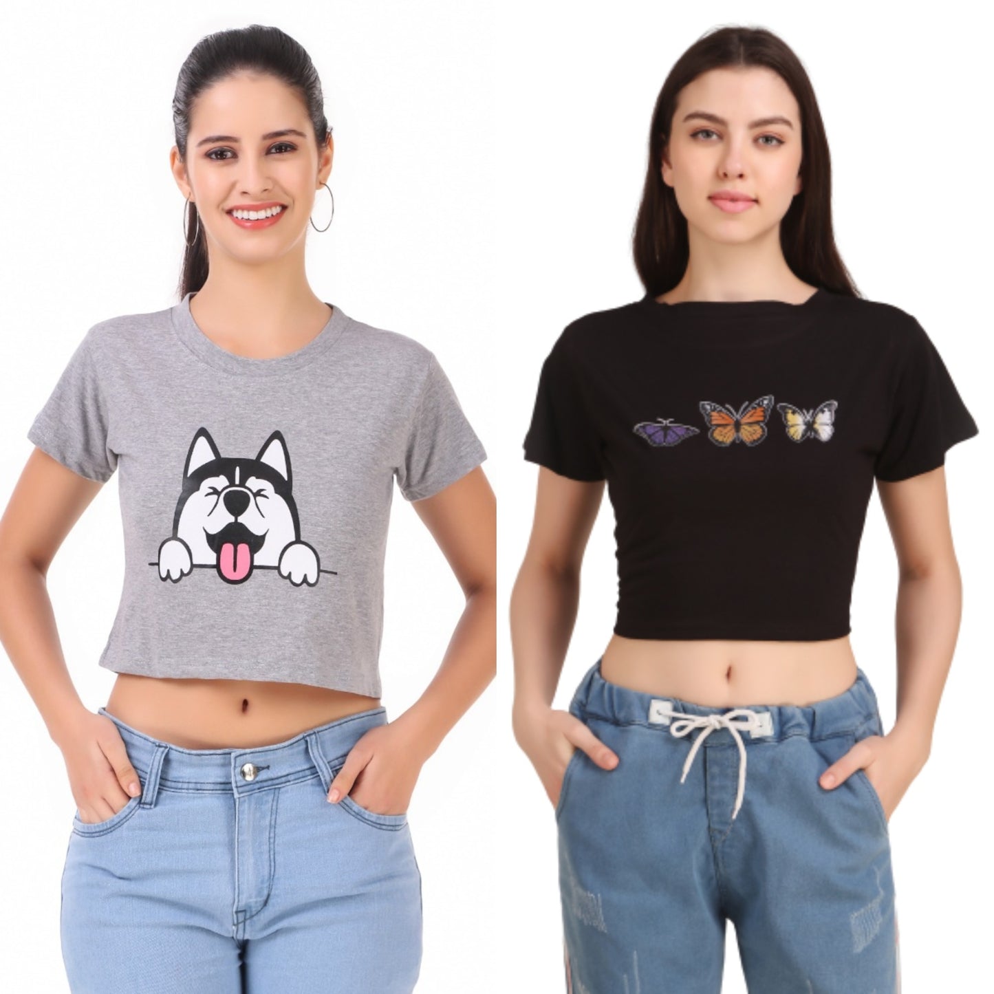 Grey Dog & Black Butterfly Print Combo(2 Tops) Crop Tops!!