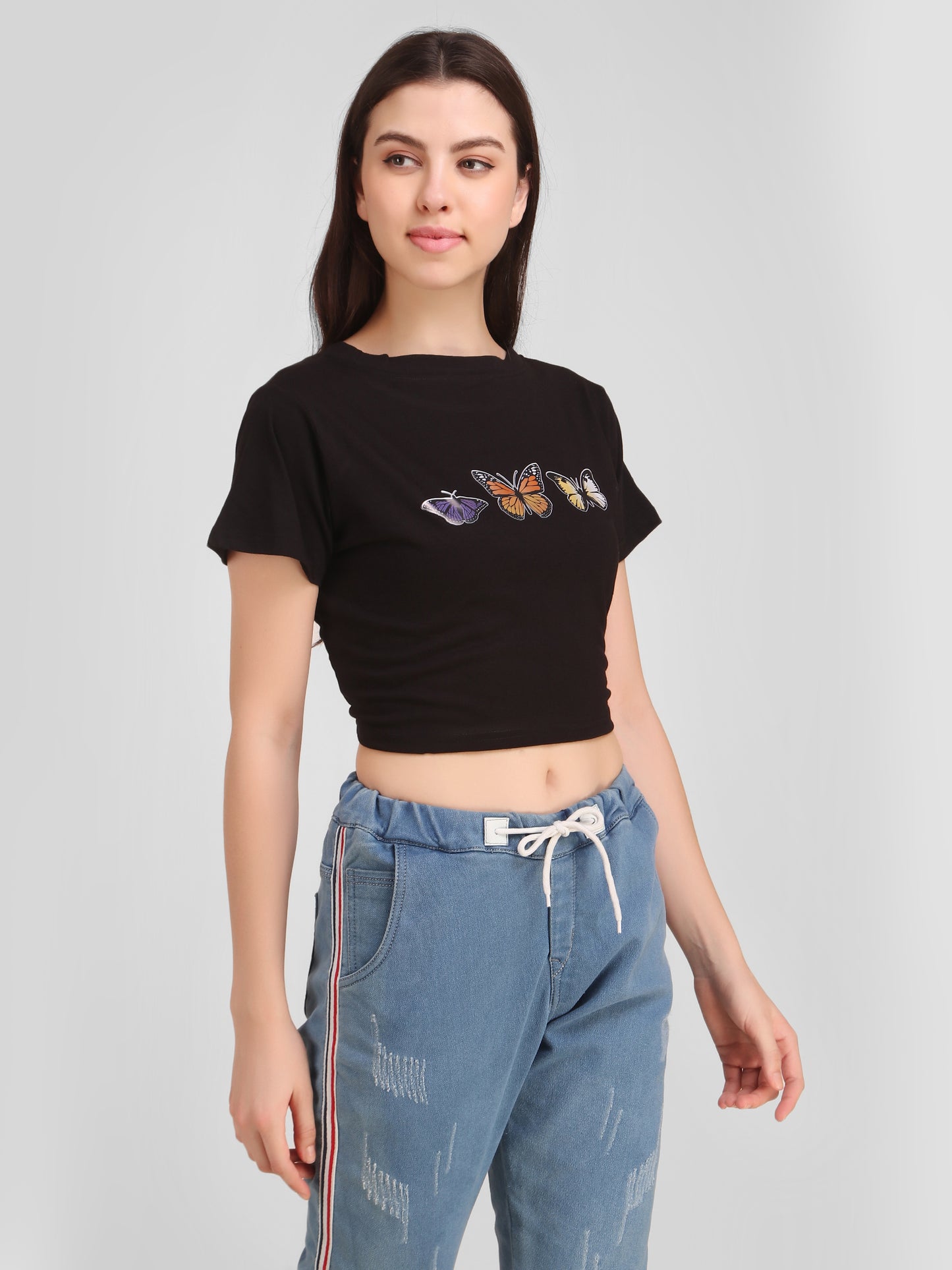 Grey Dog & Black Butterfly Print Combo(2 Tops) Crop Tops!!