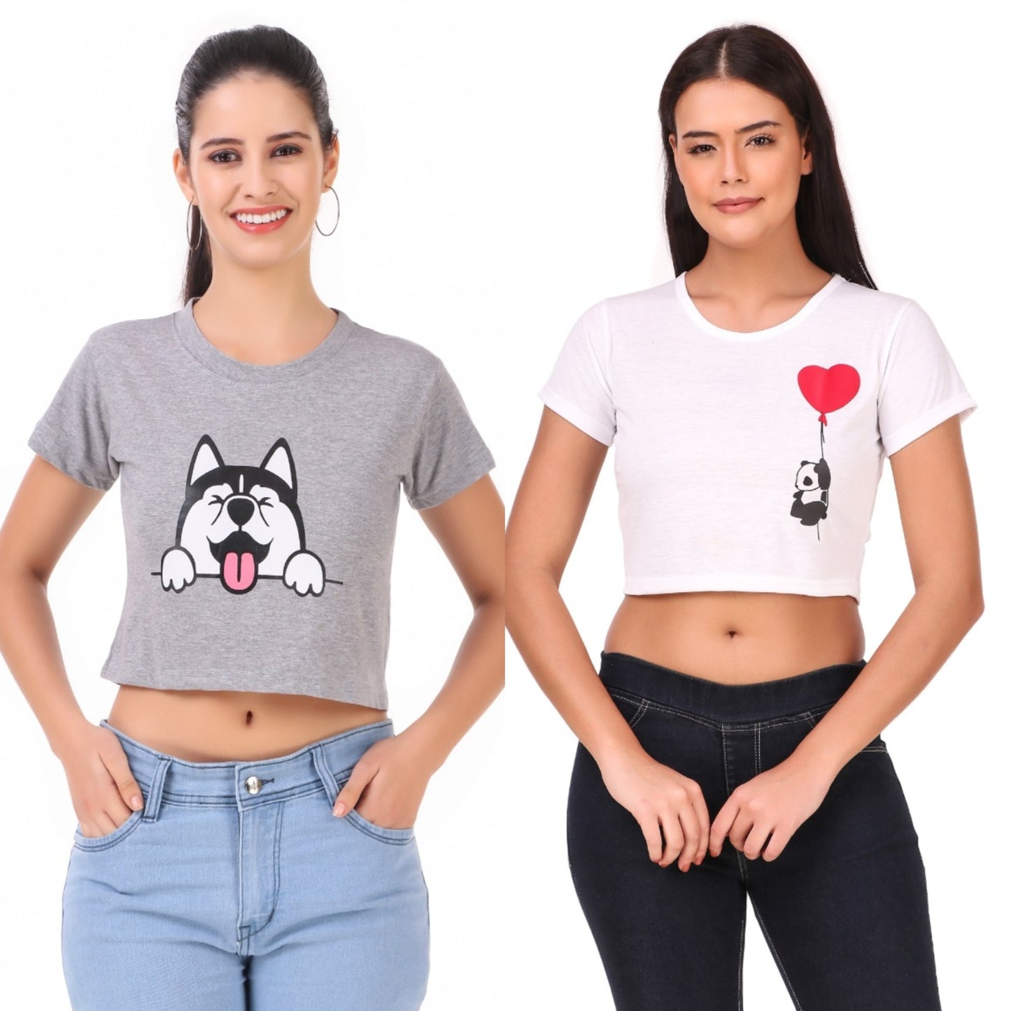 Grey Dog & White Heart Panda Print Combo(2 Tops) Crop Tops!!