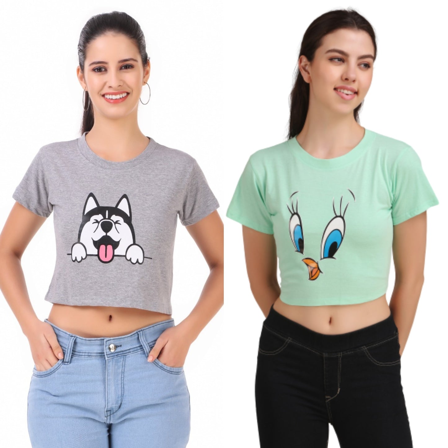 Grey Dog & Green Duck Print Combo(2 Tops) Crop Tops!!