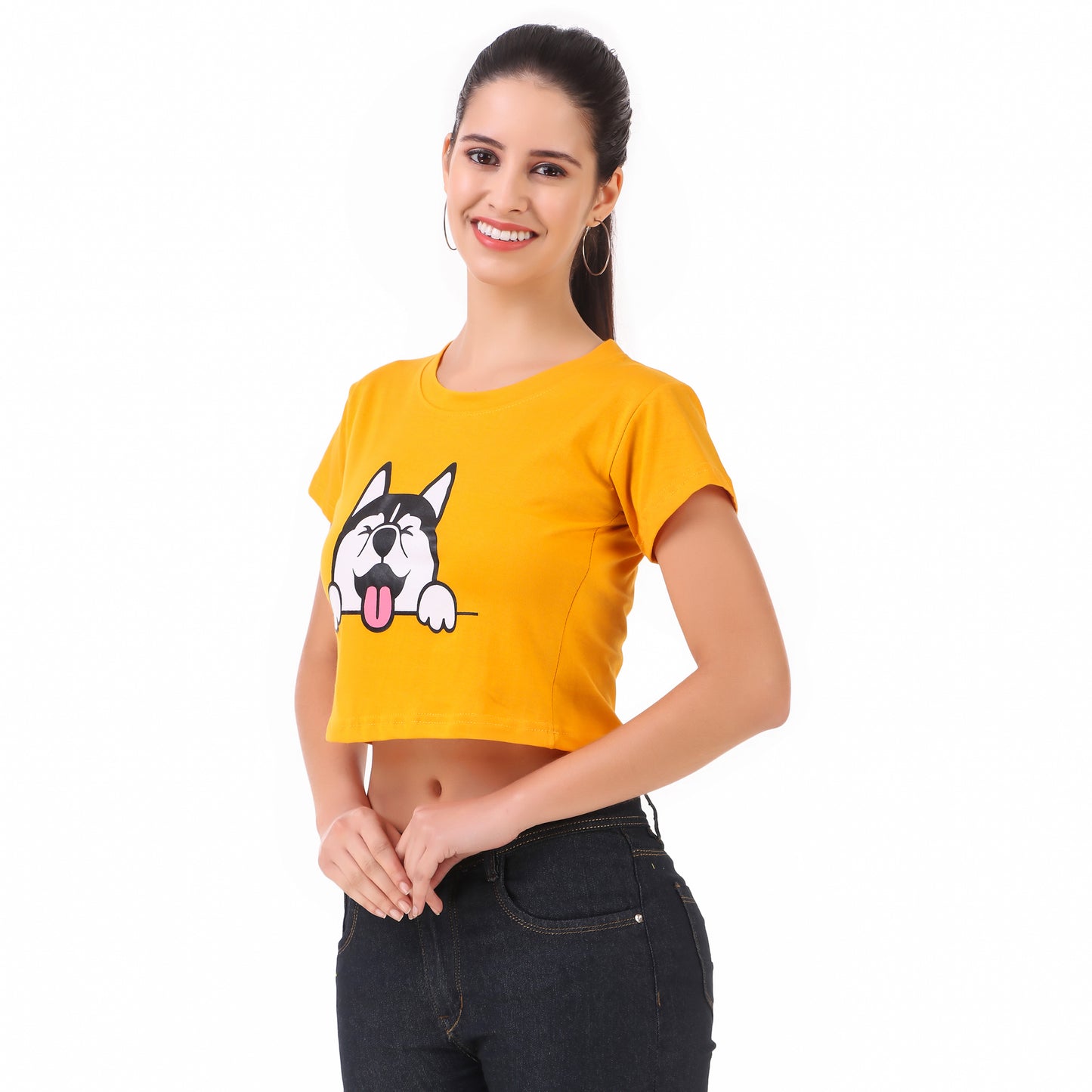 Mustard Dog & White Meow Print Combo(2 Tops) Crop Tops!!