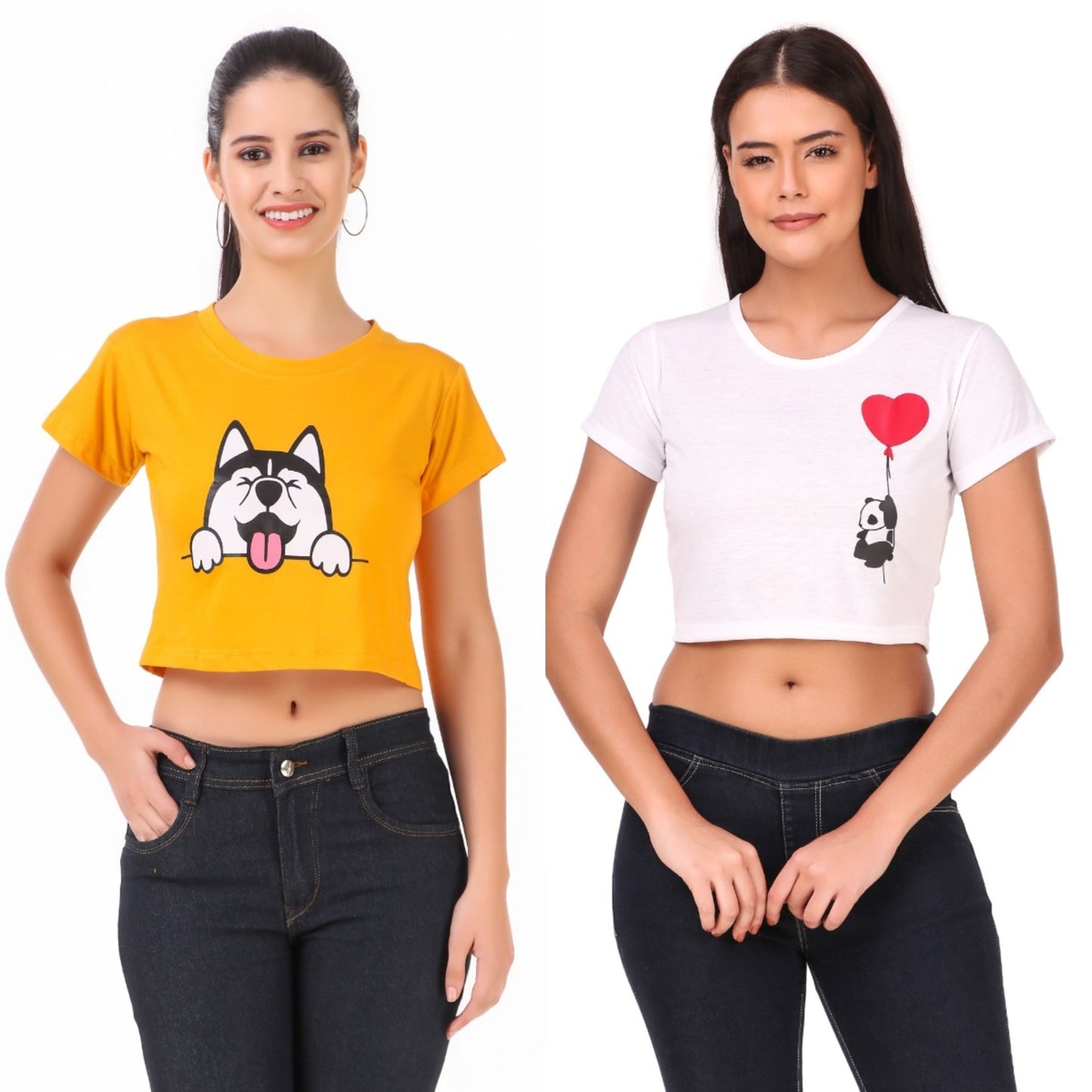 Mustard Dog & White Heart Panda Print Combo(2 Tops) Crop Tops!!