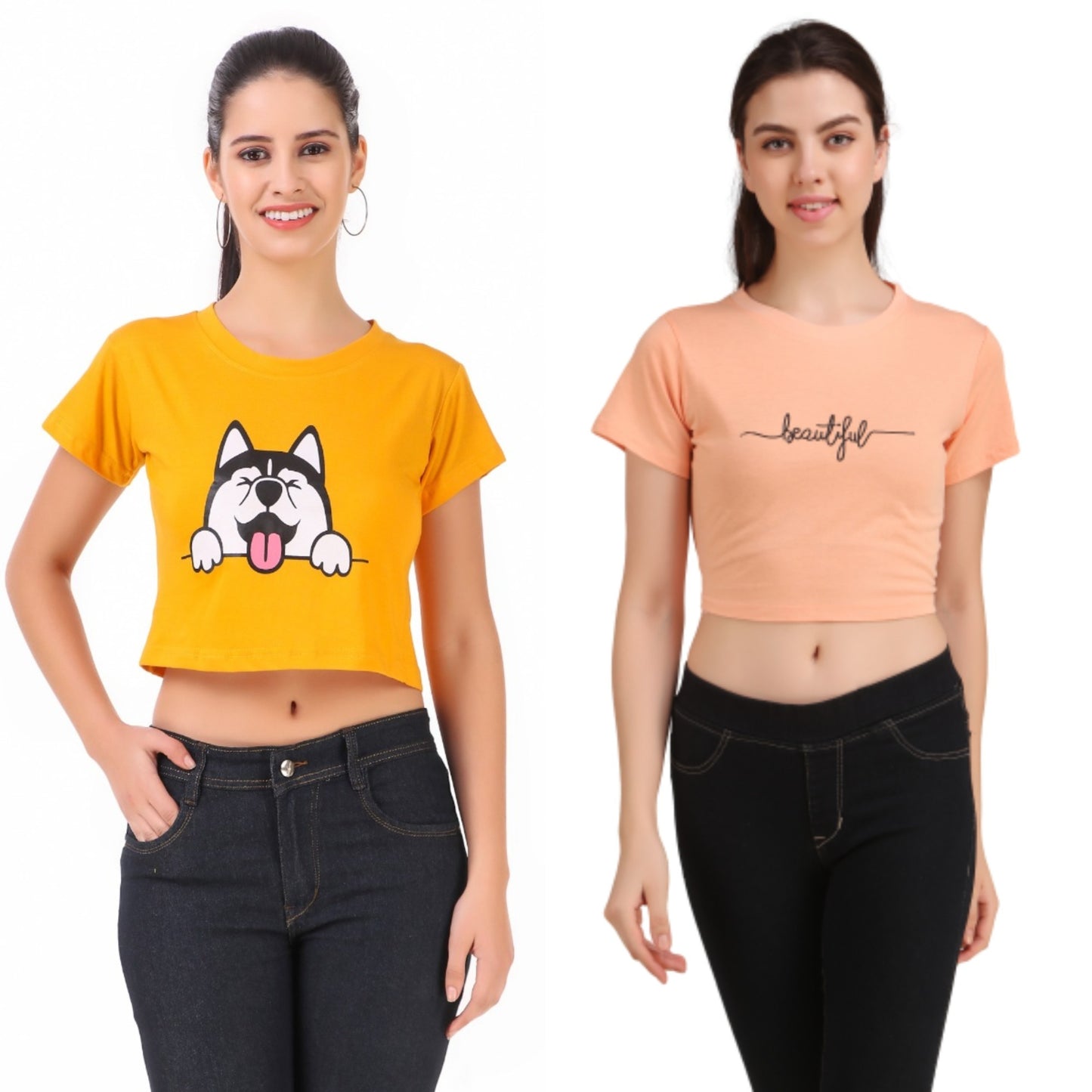 Mustard Dog & Peach Beautiful Print Combo(2 Tops) Crop Tops!!