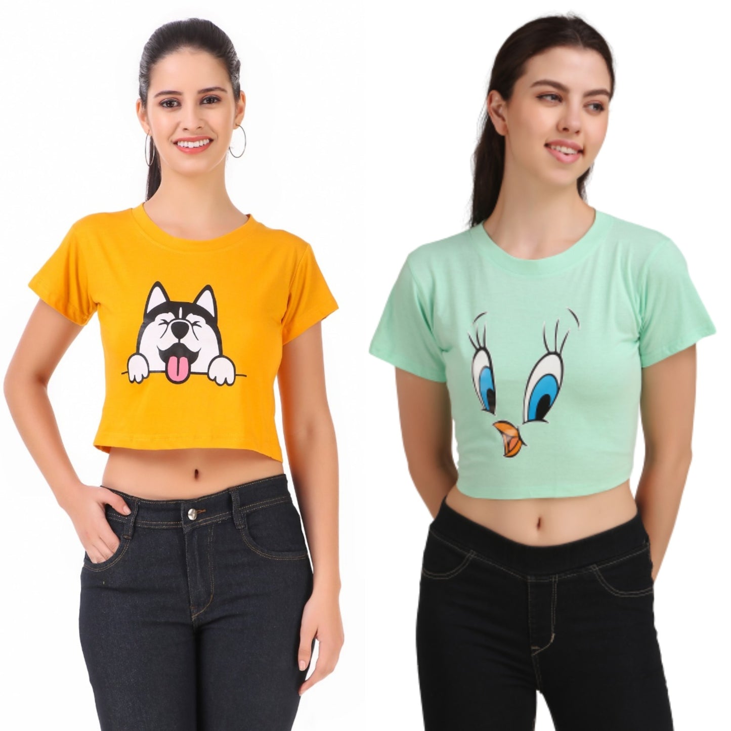 Mustard Dog & Green Duck Print Combo(2 Tops) Crop Tops!!