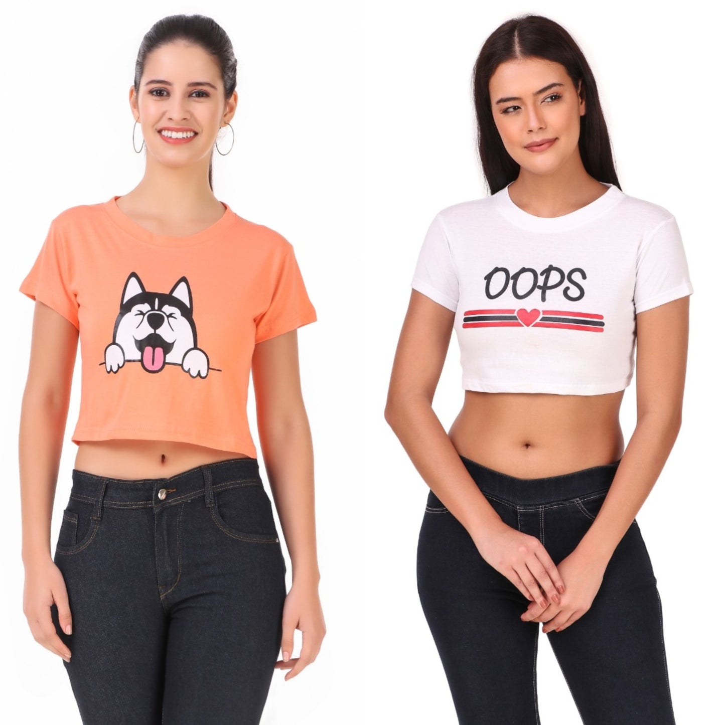 Peach Dog & White Oops Print Combo(2 Tops) Crop Tops!!