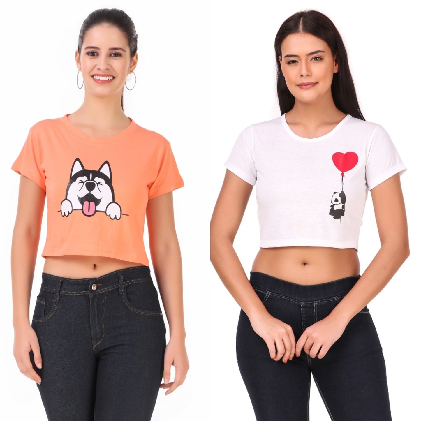 Peach Dog & White Heart Panda Print Combo(2 Tops) Crop Tops!!