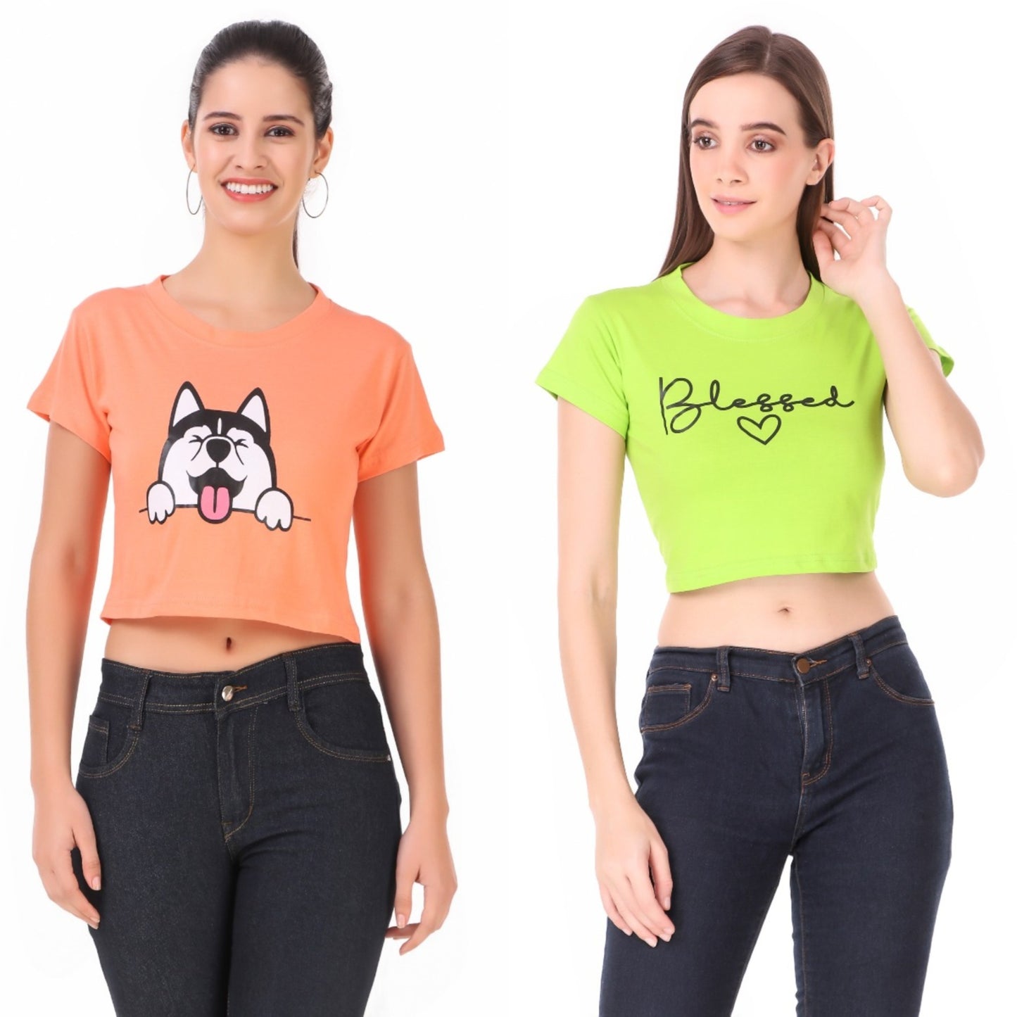 Peach Dog & Green Blessed Print Combo(2 Tops) Crop Tops!!