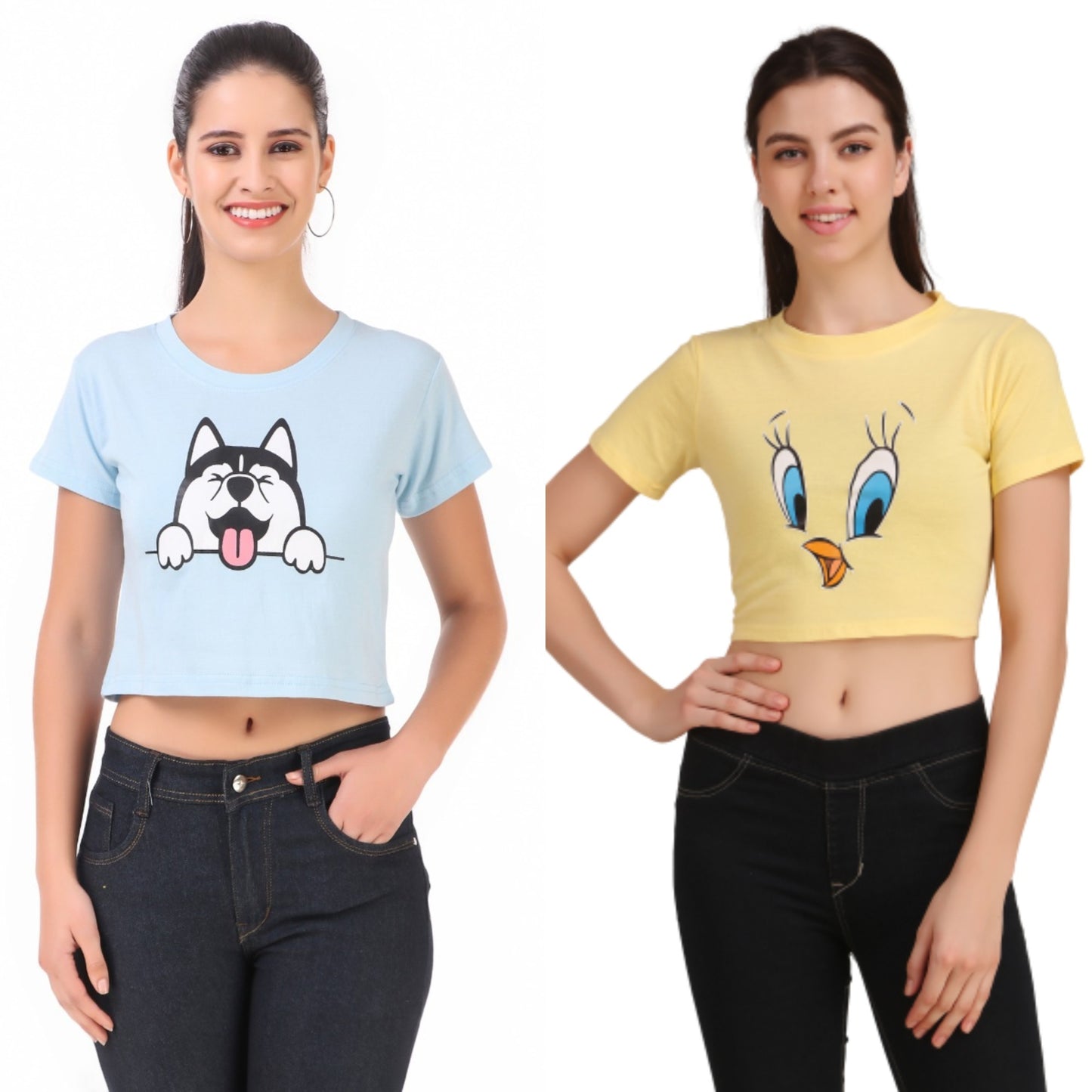 Blue Dog & Yellow Duck Print Combo(2 Tops) Crop Tops!!