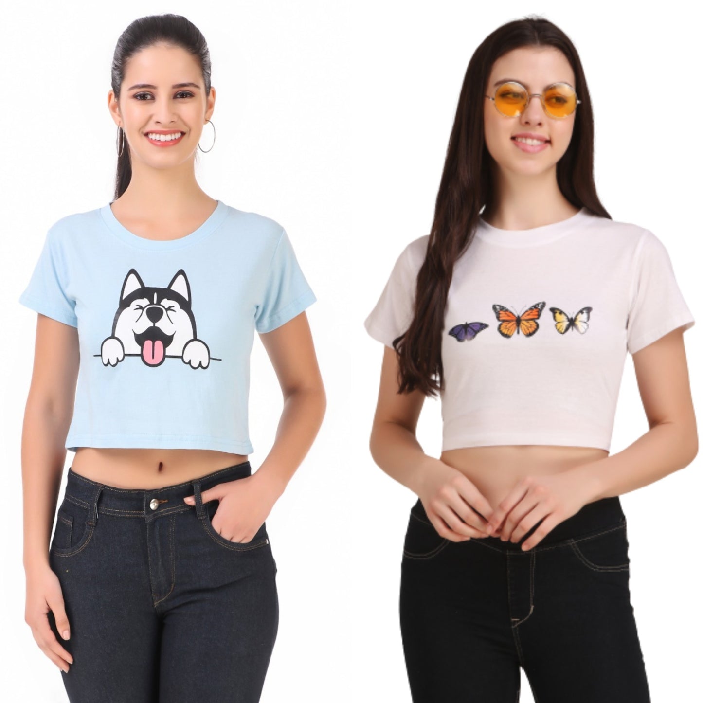 Blue Dog & White Butterfly Print Combo(2 Tops) Crop Tops!!