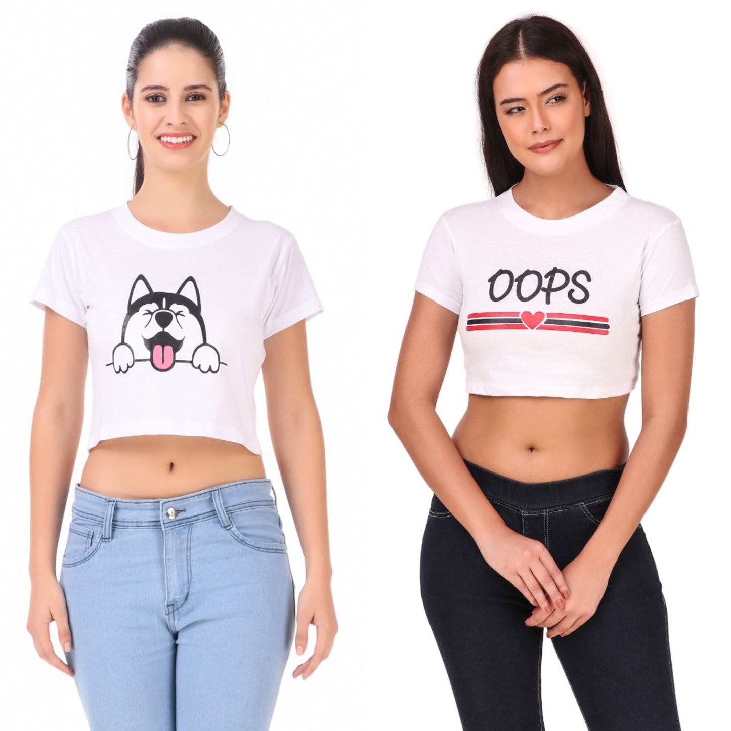 White Dog & White Oops Print Combo(2 Tops) Crop Tops!!