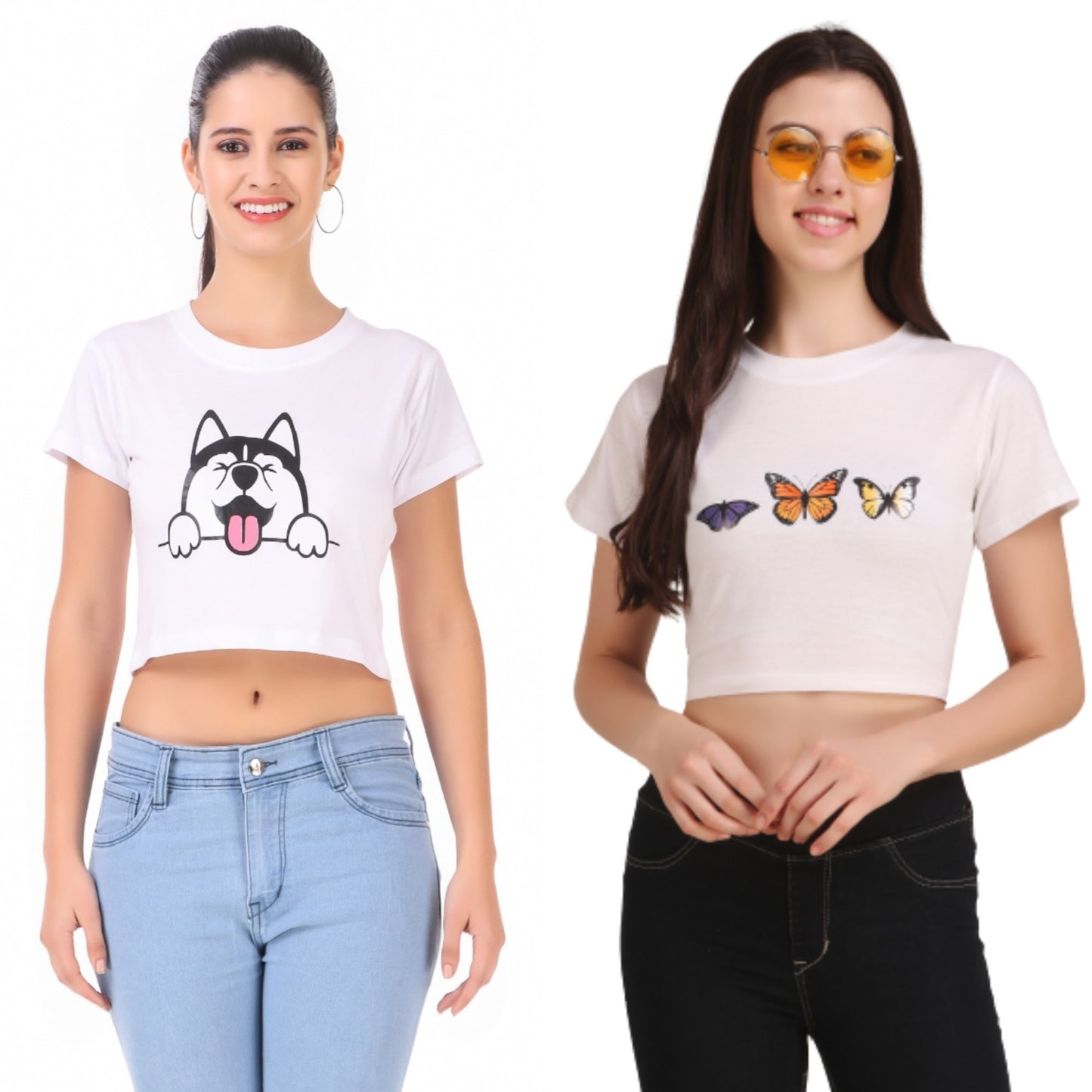 White Dog & White Butterfly Print Combo(2 Tops) Crop Tops!!