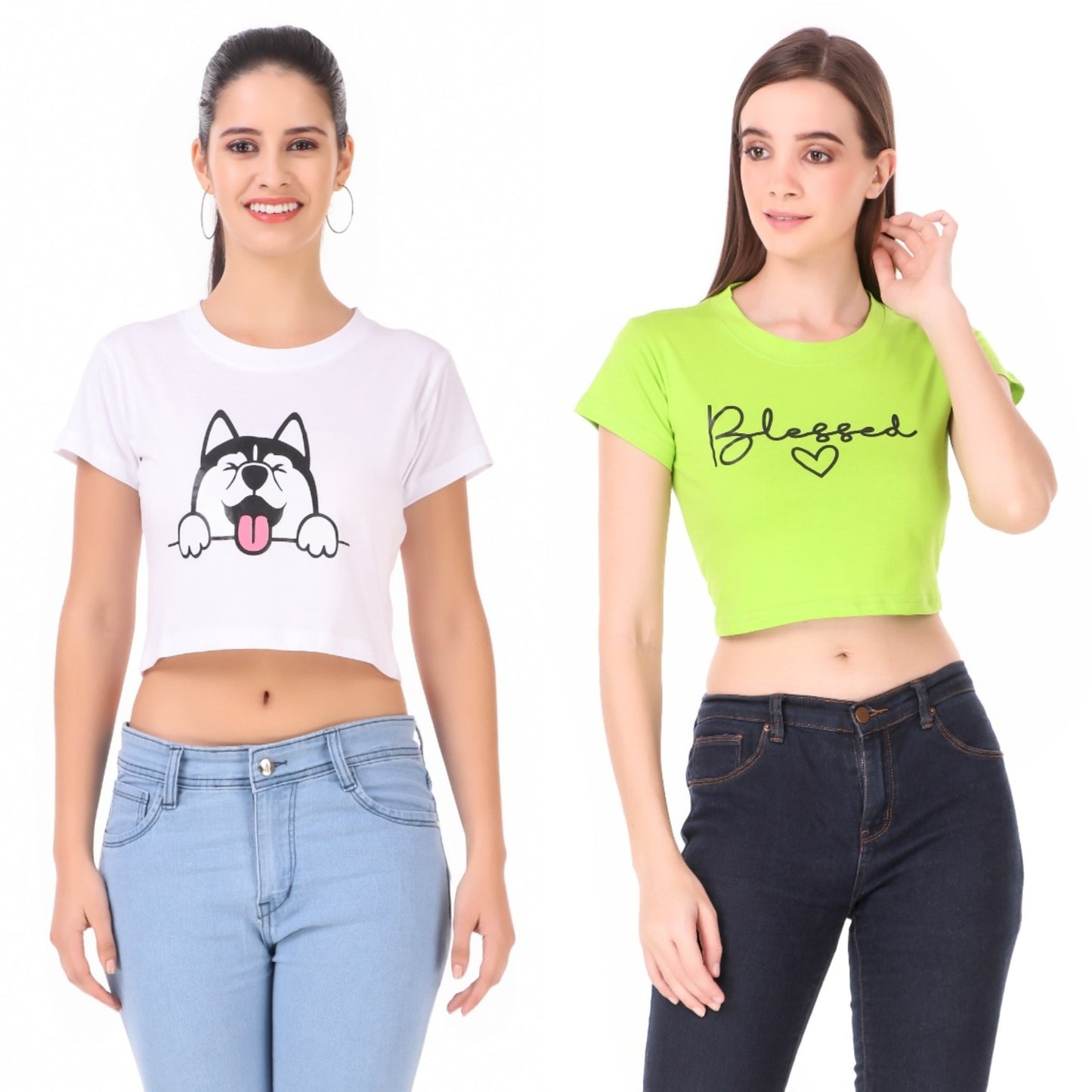 White Dog & Green Blessed Print Combo(2 Tops) Crop Tops!!