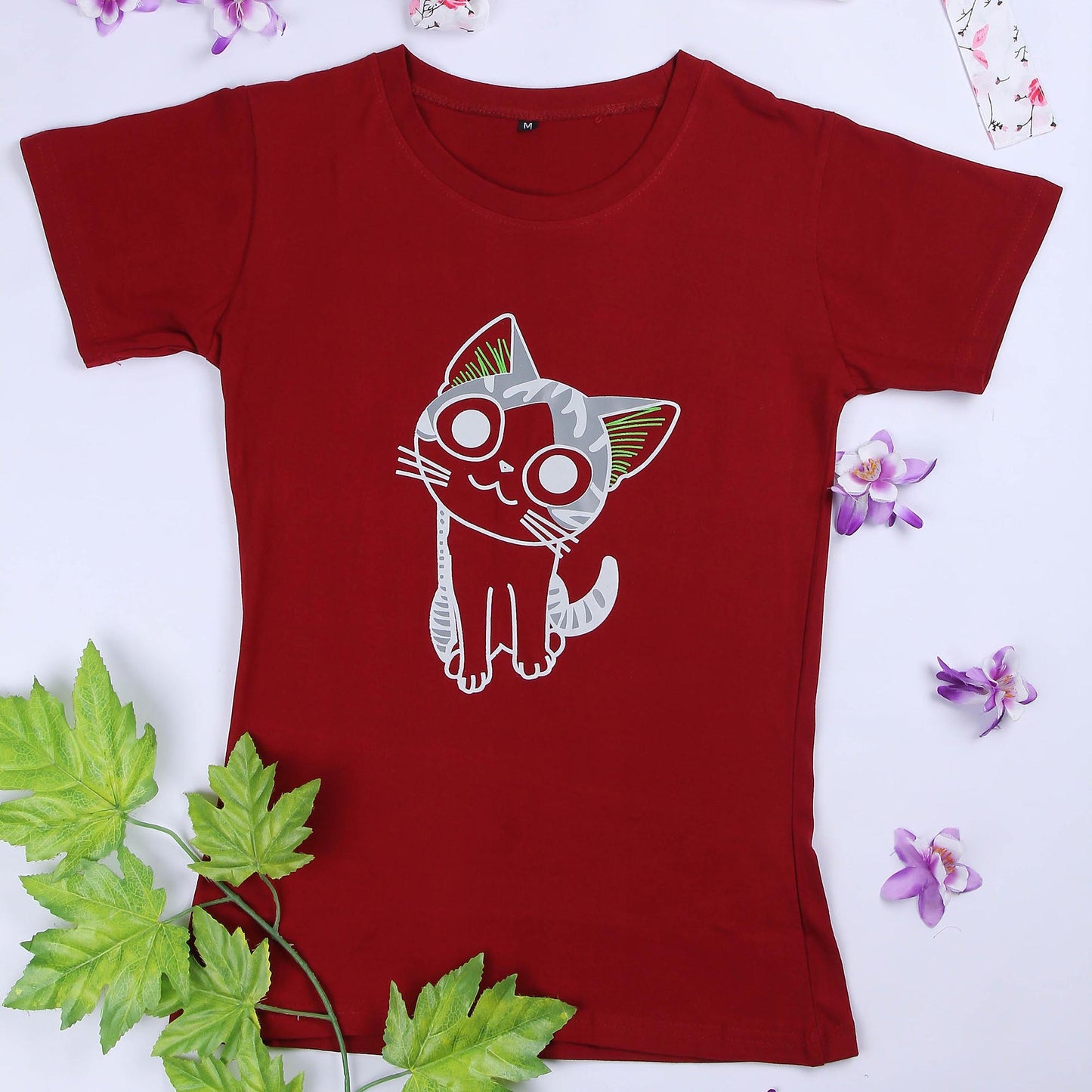 Maroon Coloured Cat print Trendy T-shirt!!