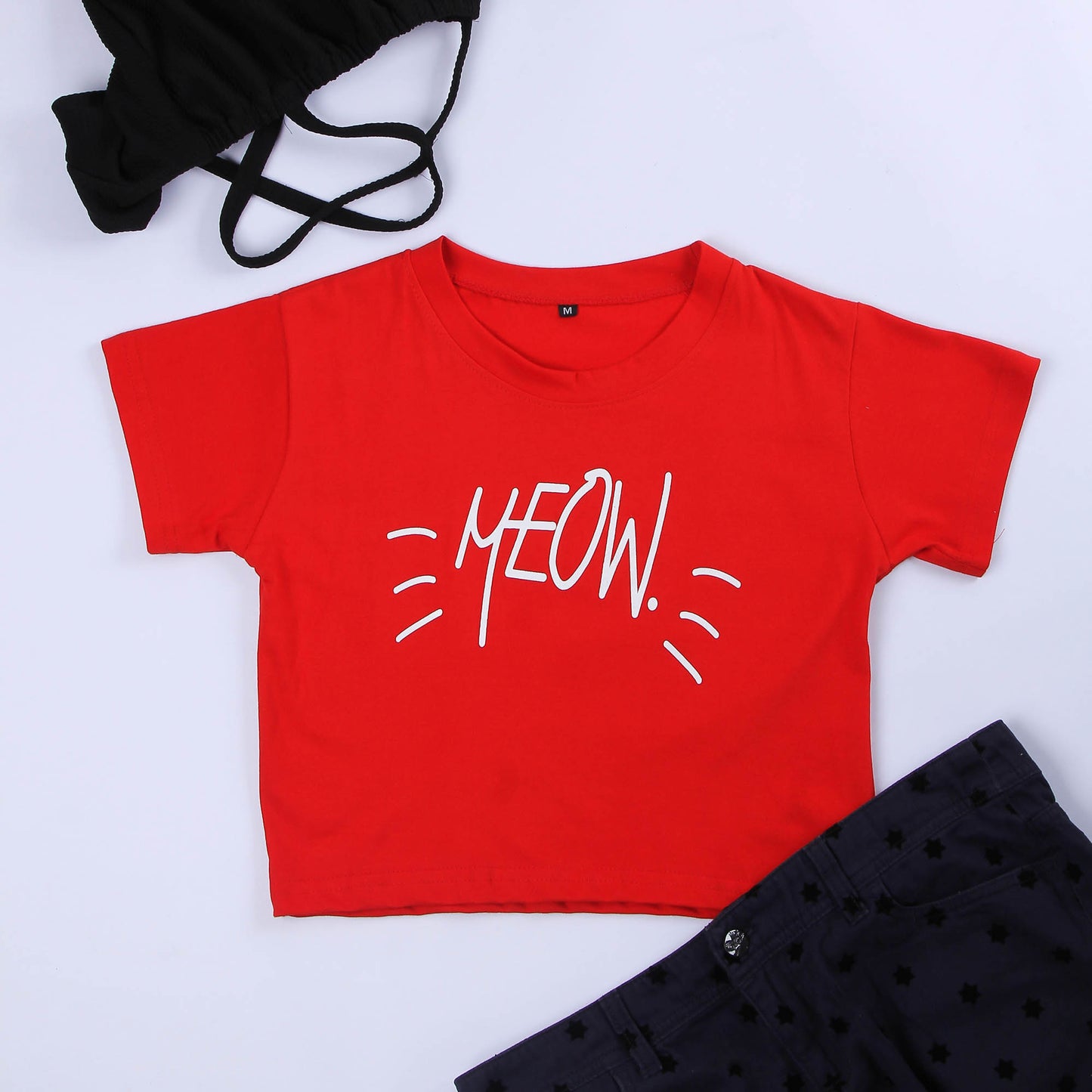 Red Coloured Meaow Print Trendy Crop Top!!