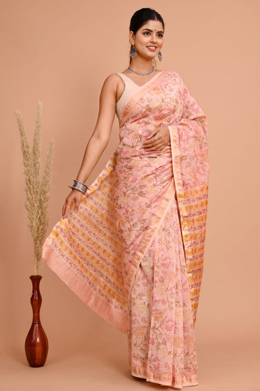 Pink & Multi Coloured Hand Block Printed Women Designer Party wear Maheshwari Cotton Silk Saree with Runnin Blouse!!