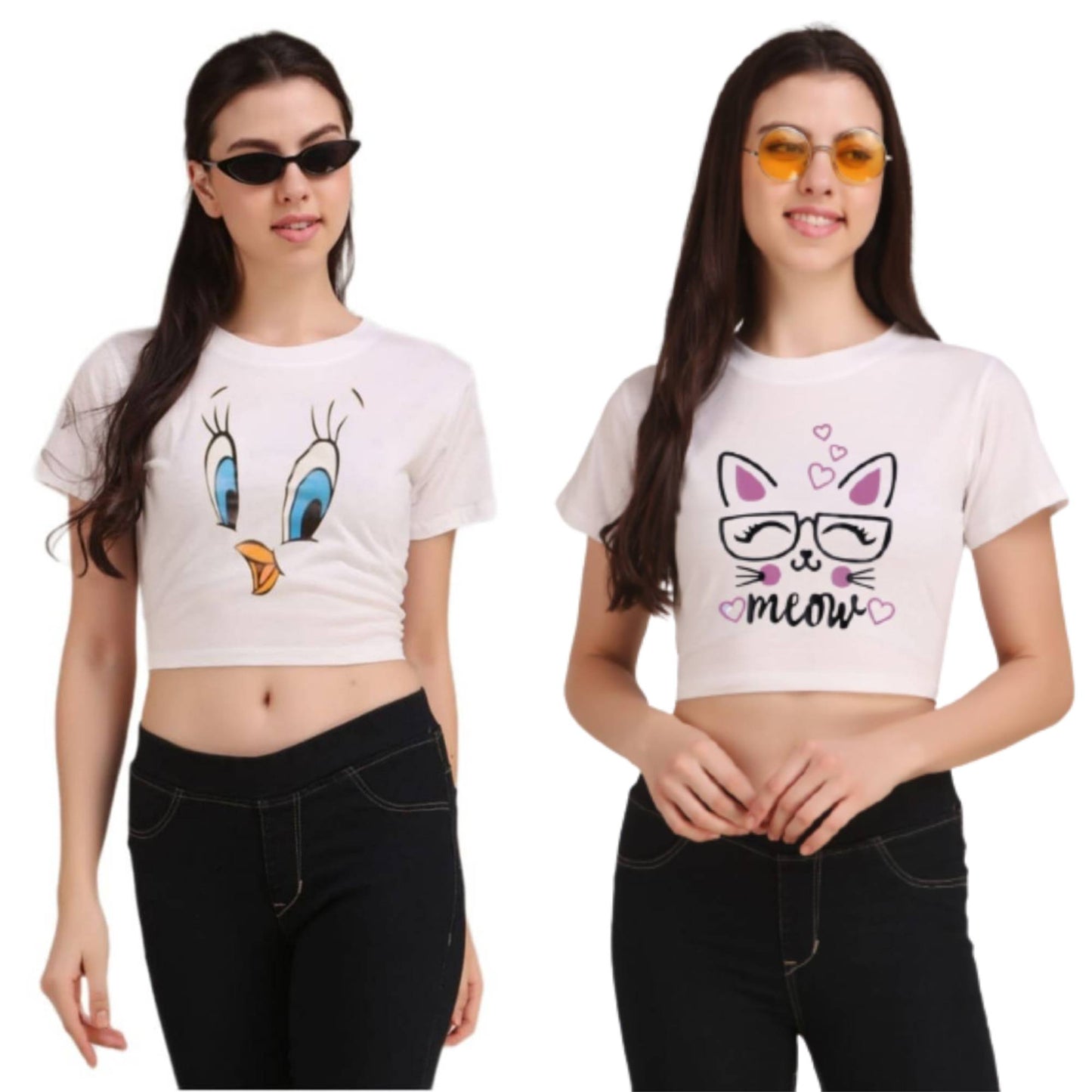 White Duck & White Cat Print Combo(2 Tops) Crop Tops!!