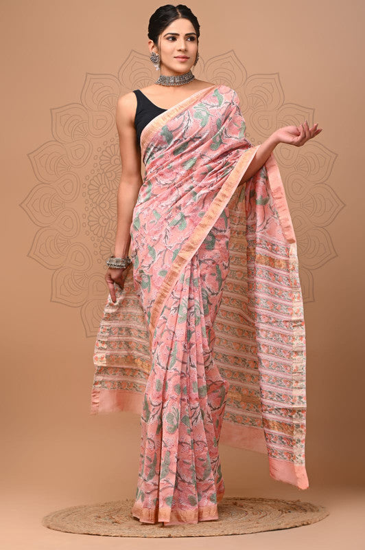 Pink & Multi Coloured Hand Block Printed Women Designer Party wear Maheshwari Cotton Silk Saree with Runnin Blouse!!