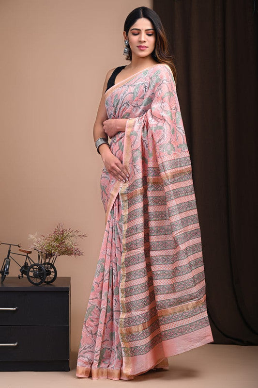 Pink & Multi Coloured Hand Block Printed Women Designer Party wear Maheshwari Cotton Silk Saree with Runnin Blouse!!