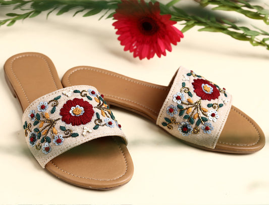 Women's Beige Synthetic Embroidered Round Shape Flip Flops!!