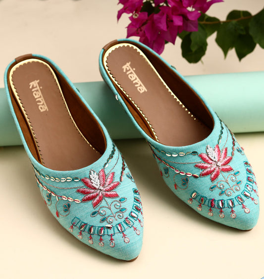 Women's Cyan Canvas Embroidered Pointed Shape Ethnic Bellies!!