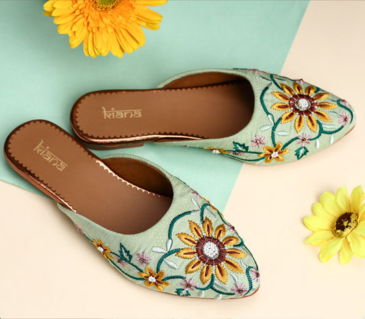 Women's Light Blue Canvas Embroidered Pointed Shape Ethnic Bellies!!