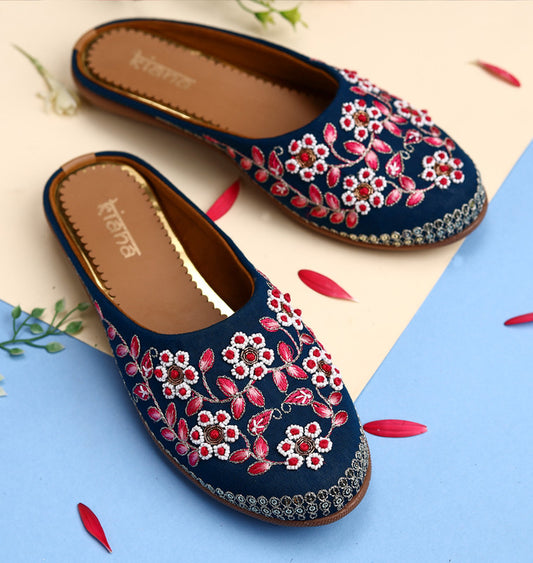 Women's Blue Canvas Embroidered Round Shape Ethnic Bellies!!
