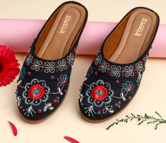 Women's Black Canvas Embroidered Round Shape Ethnic Bellies!!