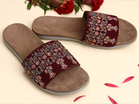 Women's Maroon Synthetic Embroidered Round Shape Flip Flops!!