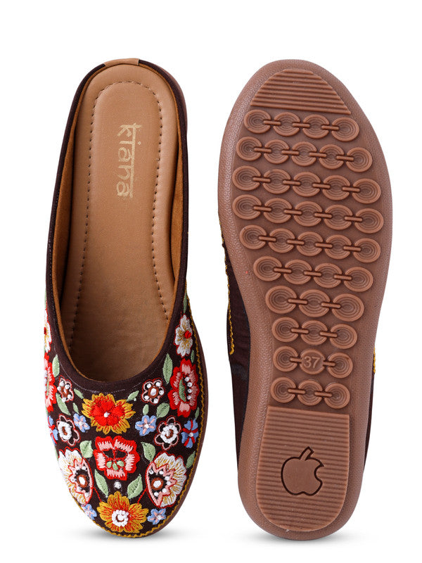 Women's Embroidered Coffee Canvas Round Toe Bellies!!