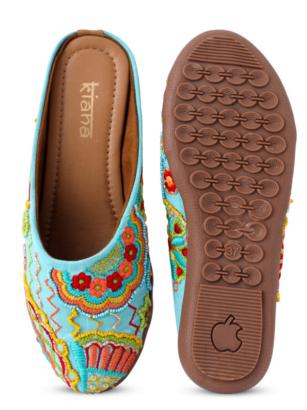 Women's Embroidered Aqua Blue Canvas Round Toe Bellies!!
