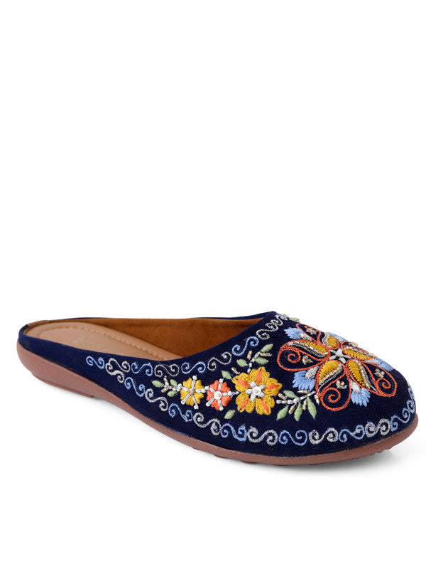 Women's Embroidered Denim Blue Canvas Closed Toe Bellies!!