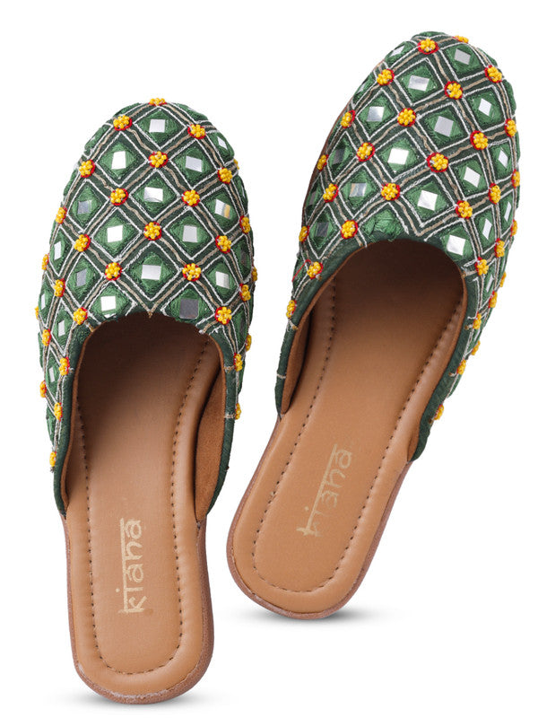 Women's Embroidered Dark Green Canvas Closed Toe Bellies!!