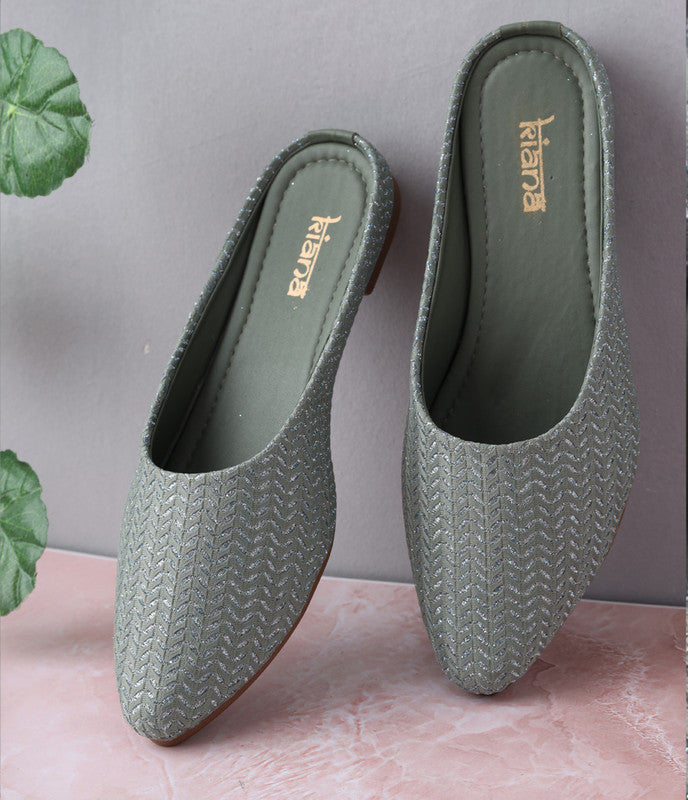 Women's Embroidered Green Canvas Pointed Toe Bellies!!