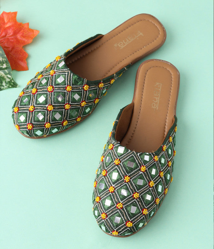 Women's Embroidered Dark Green Canvas Closed Toe Bellies!!