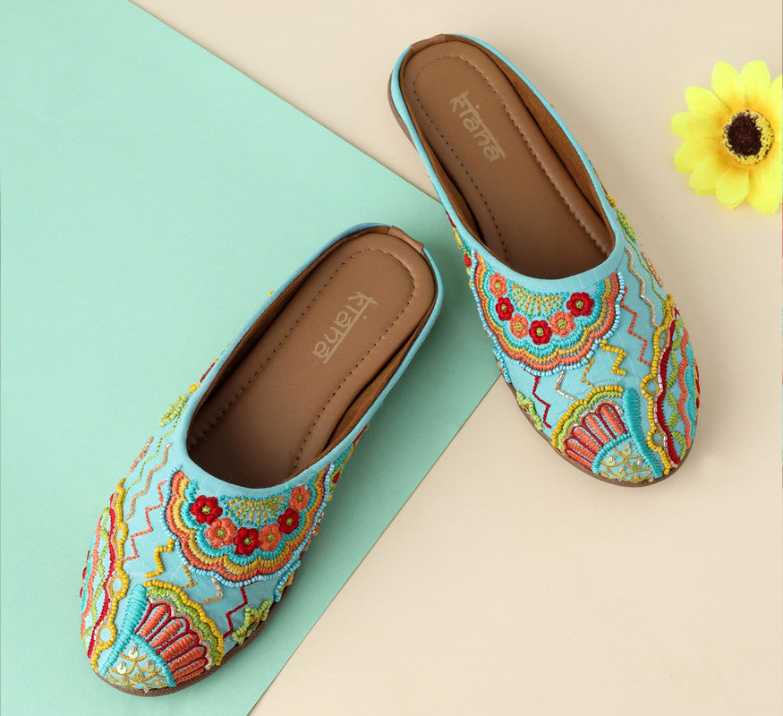 Women's Embroidered Aqua Blue Canvas Round Toe Bellies!!