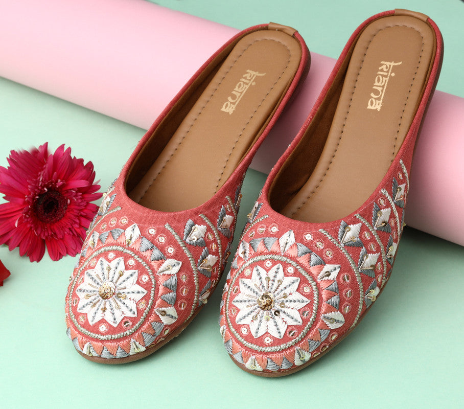 Women's Embroidered Pink Canvas Round Toe Bellies!!