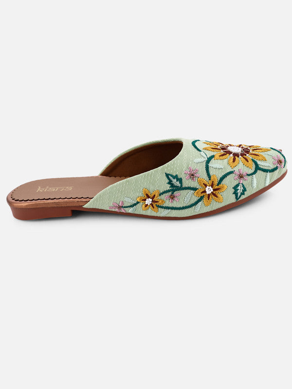 Women's Light Blue Canvas Embroidered Pointed Shape Ethnic Bellies!!