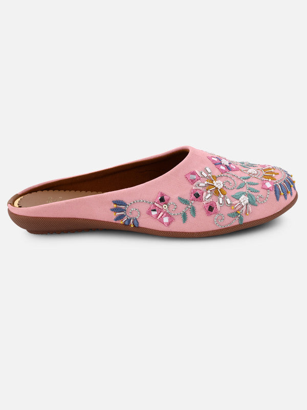 Women's Pink Canvas Embroidered Round Shape Ethnic Bellies!!