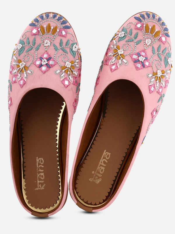 Women's Pink Canvas Embroidered Round Shape Ethnic Bellies!!