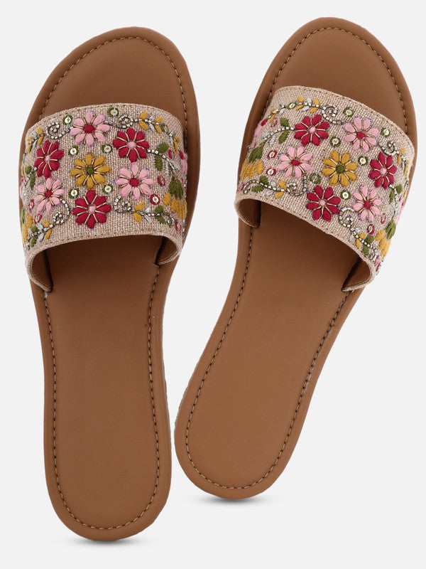 Women's Brown Synthetic Embroidered Round Shape Flip Flops!!