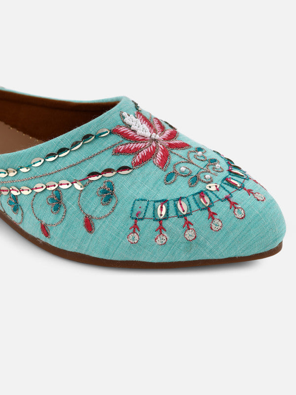 Women's Cyan Canvas Embroidered Pointed Shape Ethnic Bellies!!