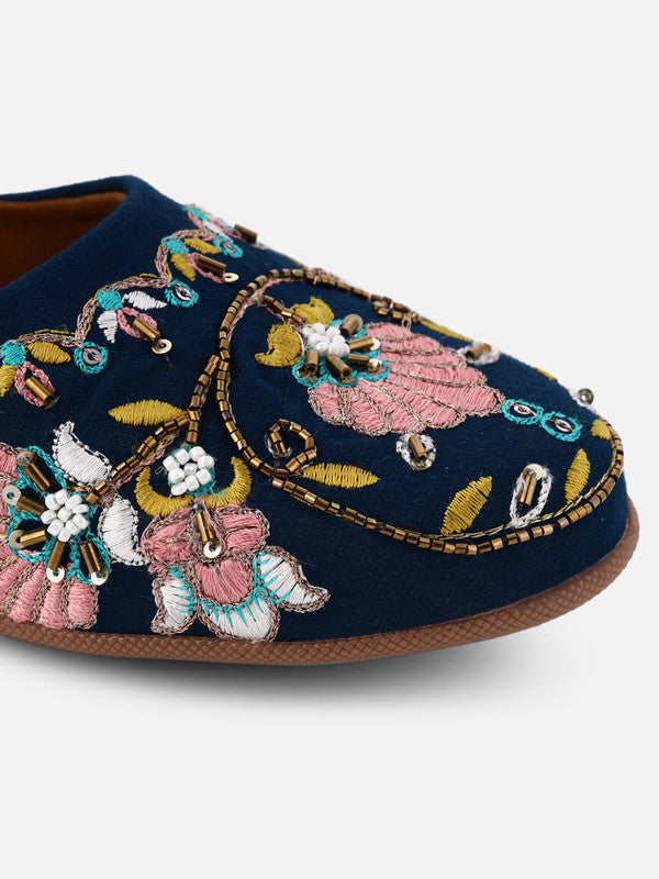 Women's Teal Blue Canvas Embroidered Round Shape Ethnic Bellies!!