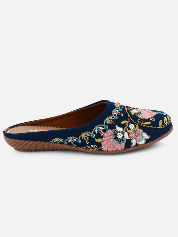 Women's Teal Blue Canvas Embroidered Round Shape Ethnic Bellies!!