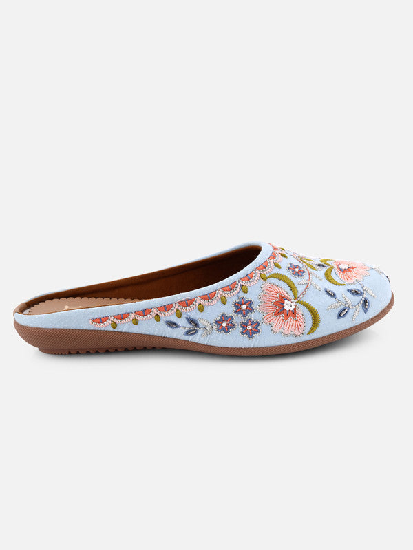 Women's Sky Blue Canvas Embroidered Round Shape Ethnic Bellies!!