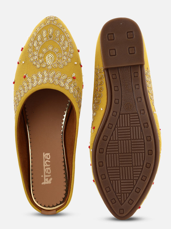 Women's Mustard Yellow Canvas Embroidered Pointed Shape Ethnic Bellies!!