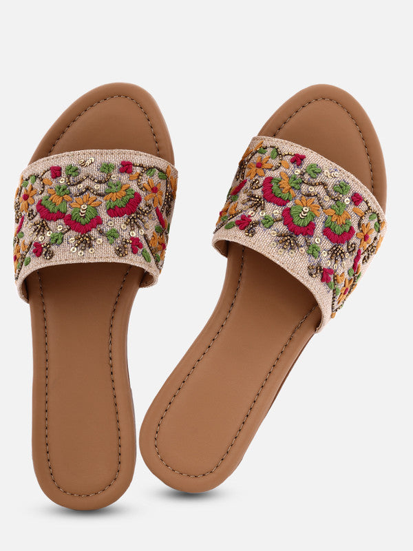 Women's Brown Synthetic Embroidered Round Shape Flip Flops!!